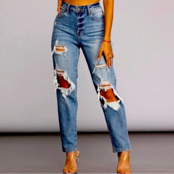 NWT Oasis by Eunina Tobi Super High Rise Mom Ankle Distressed Jeans Size 0 - Picture 1 of 16